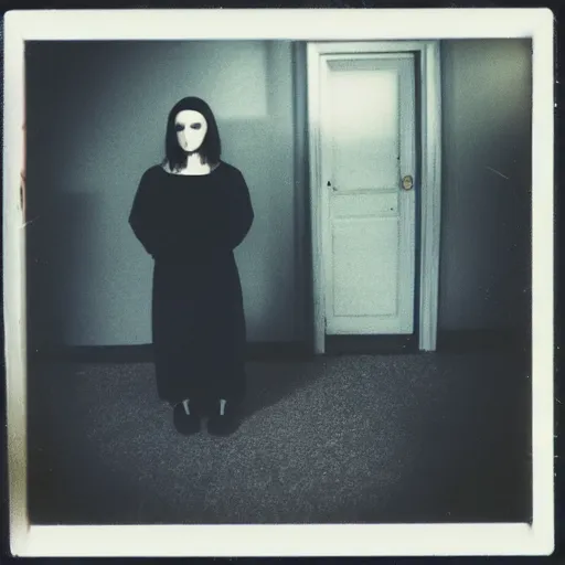 Prompt: polaroid photo of angry reptilian nun staying in front of abandoned mansion, dark, moody, foggy, gloomy