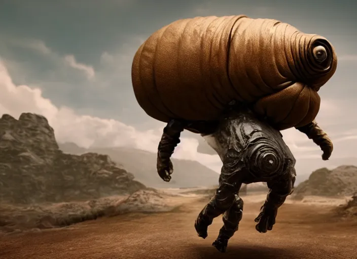 Image similar to A man riding a giant tardigrade to freedom, Unreal Engine, cinematic, dramatic