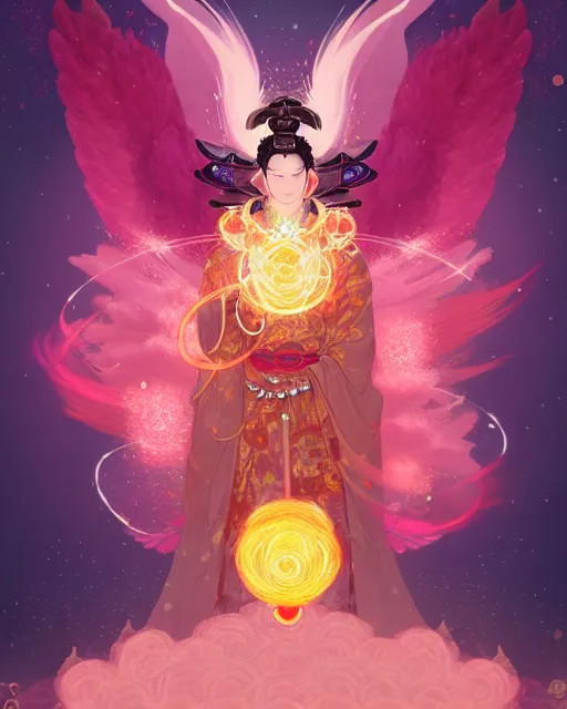 Prompt: a character portrait of only one male angel samurai with golden fiery wings, surrounded with spiriling sparkling rose crystals and galaxies, by peter mohrbacher, hyper light drifter, ukiyo - e trending on artstation