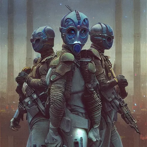 Image similar to portrait of futuristic soldiers squad on the art deco streets of the undying empire city of ya - sattra during the festival of masks, snow, winter, award - winning realistic sci - fi concept art by beksinski, bruegel, greg rutkowski, alphonse mucha, and yoshitaka amano