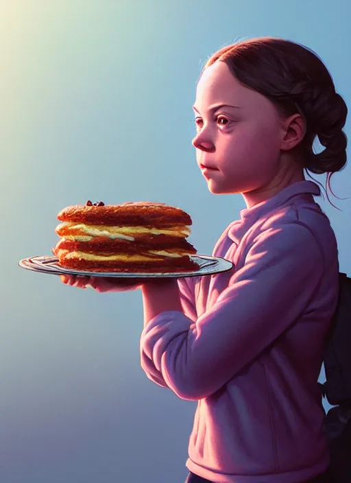 Image similar to highly detailed portrait of greta thunberg eating cakes, stephen bliss, unreal engine, greg rutkowski, loish, rhads, beeple, makoto shinkai and lois van baarle, ilya kuvshinov, rossdraws, tom bagshaw, tom whalen, alphonse mucha, global illumination, god rays, detailed and intricate environment