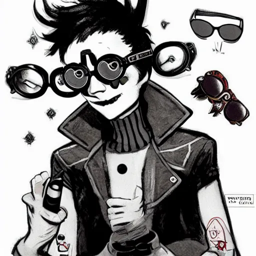 Image similar to a goth nerd guy wearing goggles and eccentric jewelry by jamie hewlett :: full body character concept art, full body, detailed