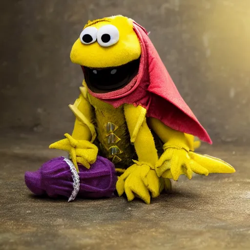 Image similar to a huggable yellow plush dragonborne paladin muppet wearing vampiric armor and holding a toy sword, photorealistic, nature, photography, national geographic, sesame street