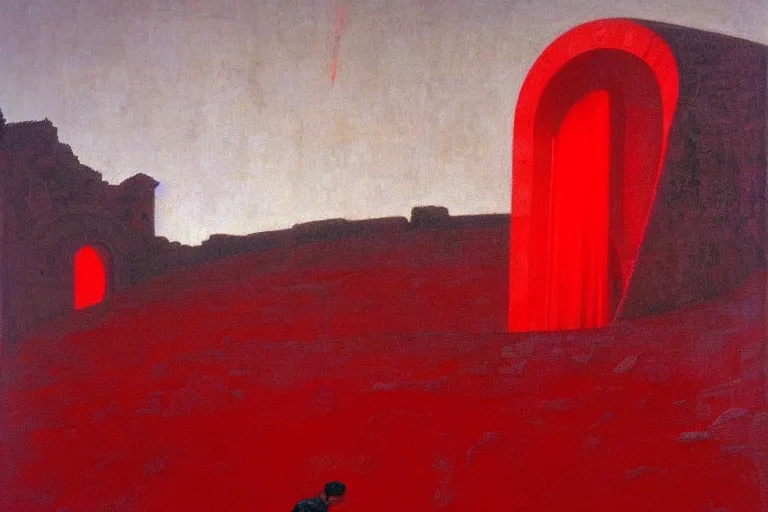 Image similar to only with red, a red melted emperor in an authoritarian position, taormina amphitheatre, crowd hails him, in the style of beksinski, parts by edward hopper, parts by rodcenko, parts by yue minjun, intricate and epic composition, red by caravaggio, insane quality, highly detailed, masterpiece, red light, artstation