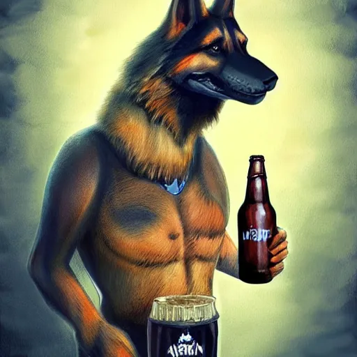 Prompt: a humanoid german shepherd beast - man in clown style, holding a bottle of beer, artstation, concept art, smooth, sharp foccus ilustration, artstation