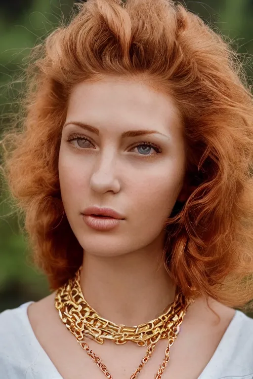 Prompt: vintage photograph of an olive skinned female model with strawberry blonde hair in her twenties, her hair pinned up, wearing a designer top and one gold standard chain necklace, looking content, focused on her neck, photo realistic, extreme detail skin, natural beauty, no filter, slr, golden hour, 4 k, high definition, selfie