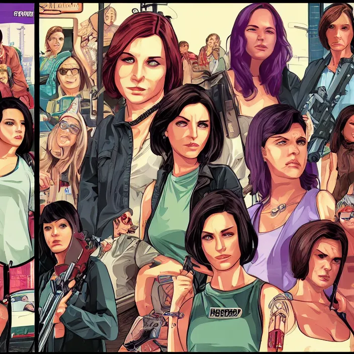 Image similar to female protagonists in gta, cover art by stephen bliss, boxart