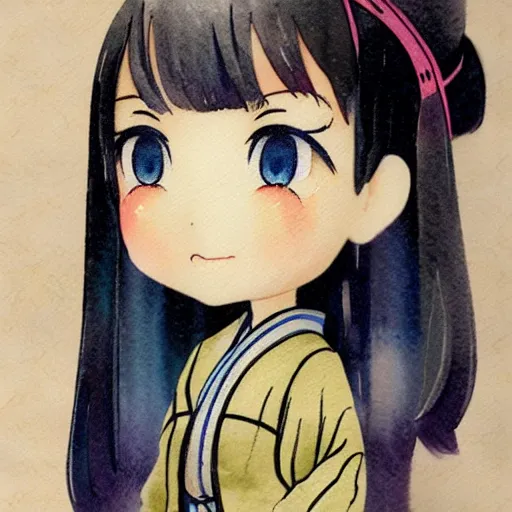 Image similar to beautiful water color concept art of face detailing cute nendoroid girl in the style of ukiyoe , toon rendering, close-up