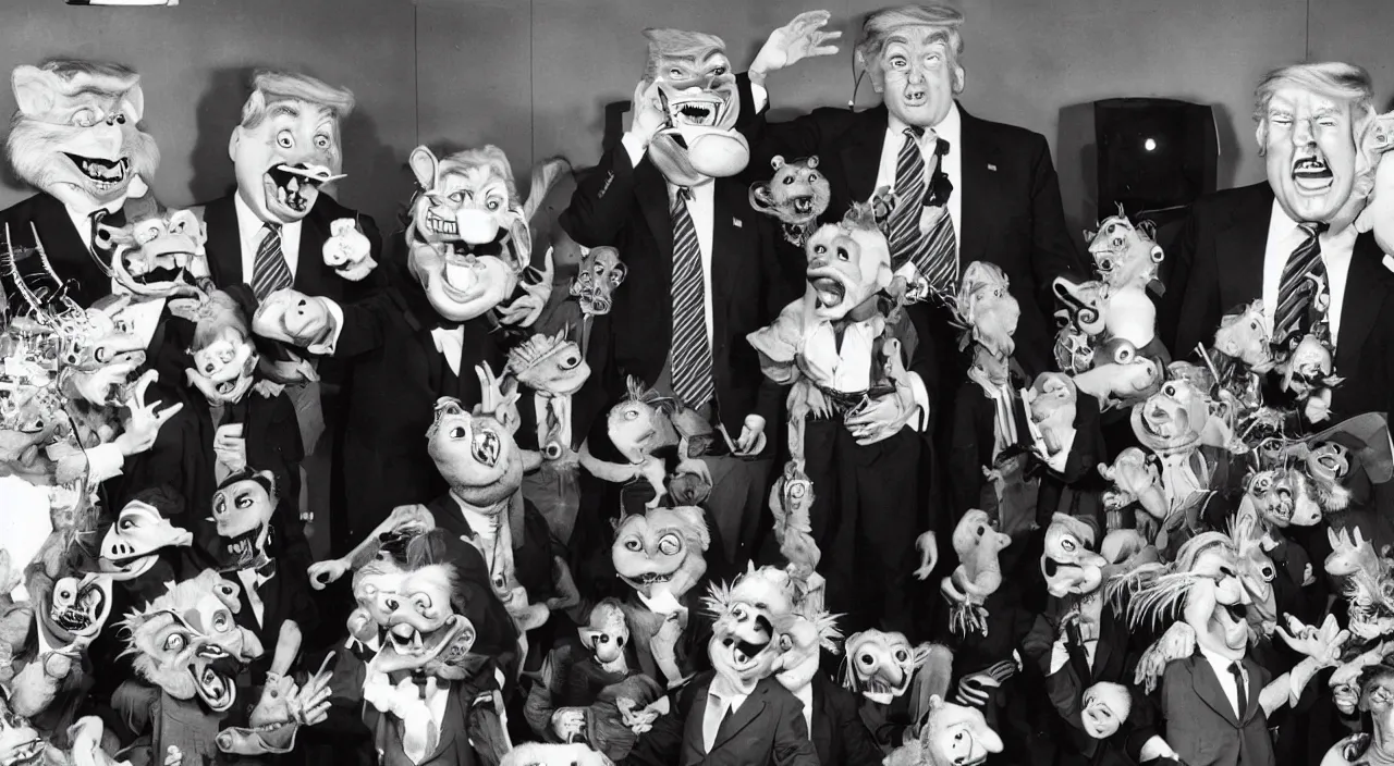 Image similar to chuck e cheese animatronic trump!, realistic vintage photo