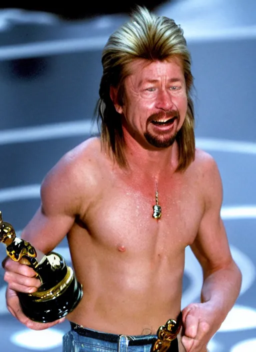 Prompt: a hyper realistic ultra realistic photograph of Joe Dirt winning an oscar, highly detailed, 8k photograph, real