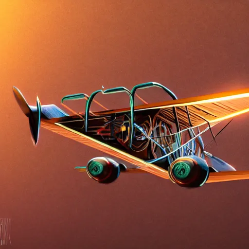 Image similar to wooden bi plane, steampunk, extreme closeup, center frame, symmetric, rim light, bioluminescence, electric, soft, concept art, intricate details, highly detailed, colorful, photorealistic, disney pixar, octane render, iridescent, anime, 8 k