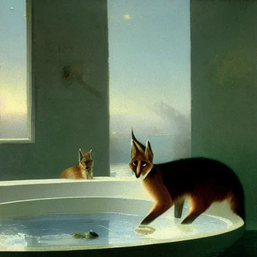 Prompt: cute caracal in bathtub, by Ivan Aivazovsky