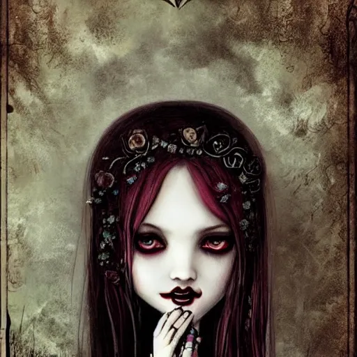 Prompt: a sensual serious gothic vampiress with decaying flowers and a quirky smile, pale with small mouth but exhuberant lips, round beautiful oval shape and big expressive eyes by benjamin lacombe