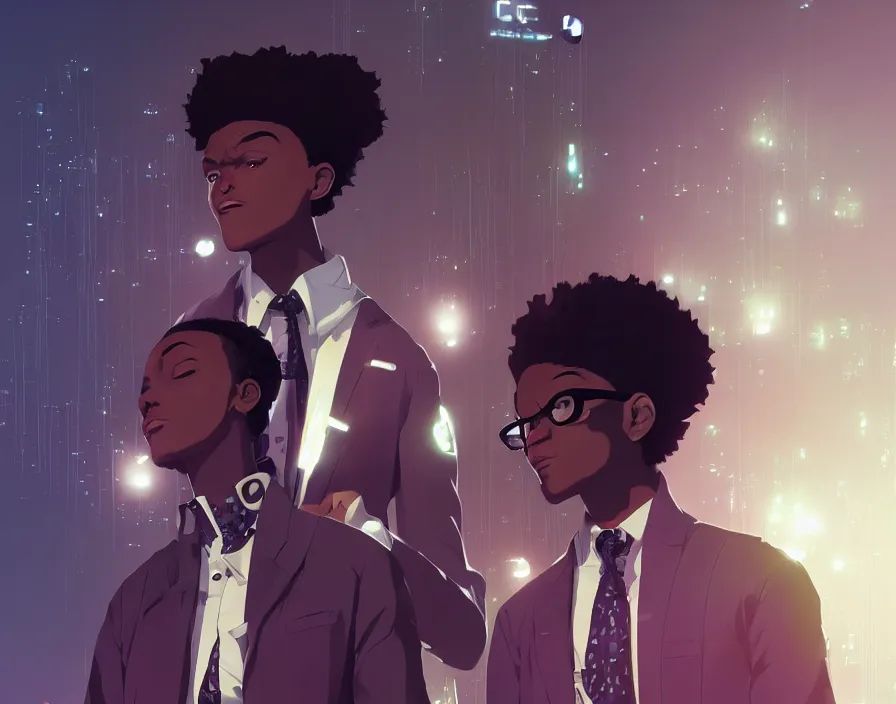 Image similar to afro - futuristic professionals, business attire and confidence, hacking the multiverse of possibilities | hyperrealistic digital art | by makoto shinkai, ilya kuvshinov, lois van baarle, rossdraws | afrofuturism, in the style of boondocks, trending on artstation | dark color scheme