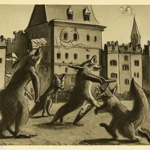 Prompt: anthropomorphic fox man fights in front of a castle that is on fire as many other anthropomorphic animals watch, 1910s film scene