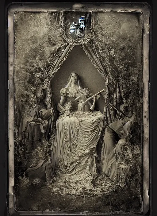 Image similar to old wetplate daguerreotype portrait of birth of lady justice, explosion of data fragments, fractal, intricate, elegant, highly detailed, parallax, leica, medium format, subsurface scattering, by jheronimus bosch and greg rutkowski and louis jacques mande daguerre