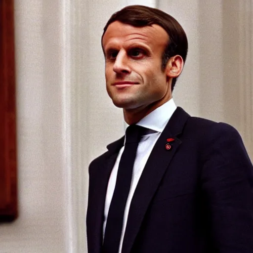 Prompt: Emmanuel Macron wearing carnival clothes in American Psycho (1999)
