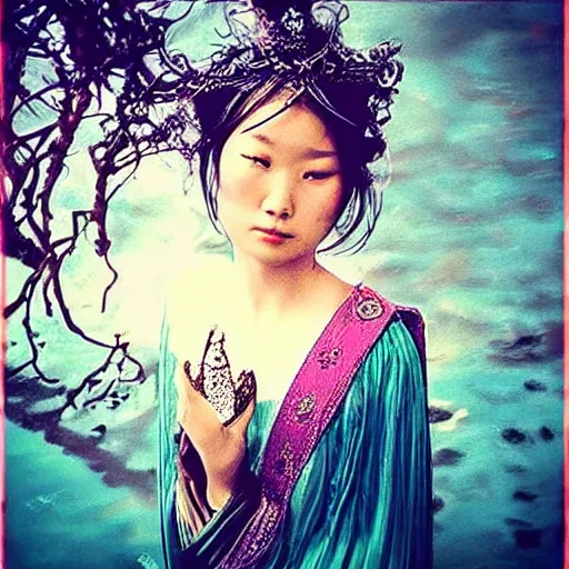 Image similar to “a beautiful singular river goddess blessing with magical dark fantasy power blueish in hue”