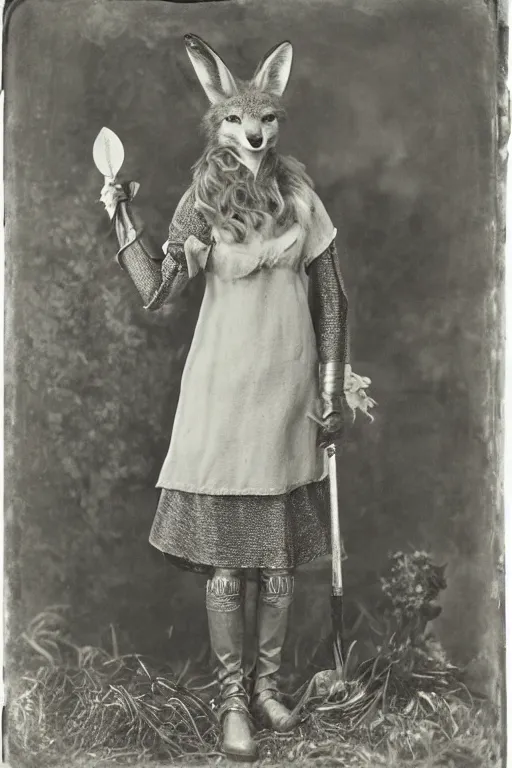 Image similar to a wet plate photo of an anthropomorphic fox vixen as maid marian from robin hood