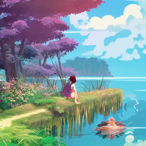 Prompt: a beautiful lake, fantasy art, fresh and bright illustration, animated film, by studio ghibli