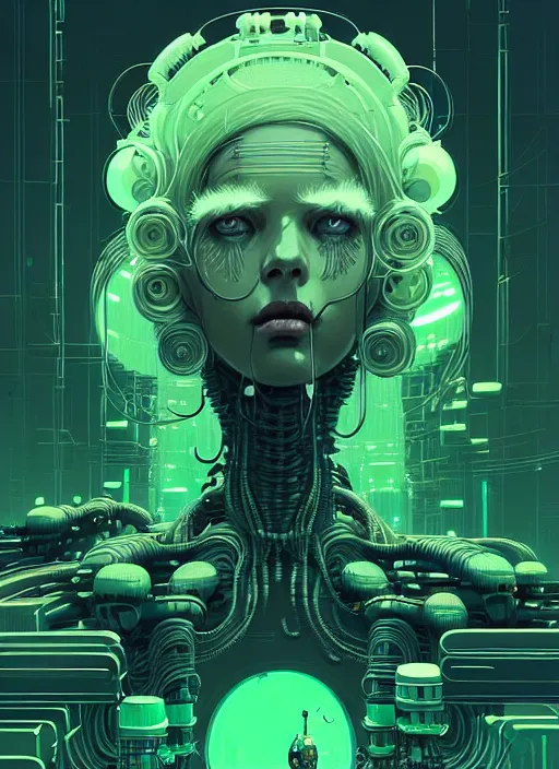 Image similar to highly detailed portrait of a biopunk long curly white hair tribal lady, stray wiring by atey ghailan, james gilleard, by joe fenton, by greg rutkowski, by greg tocchini, by kaethe butcher, 4 k resolution, gradient green, black and white color scheme!!! ( ( green slime robotic dystopian city background ) )