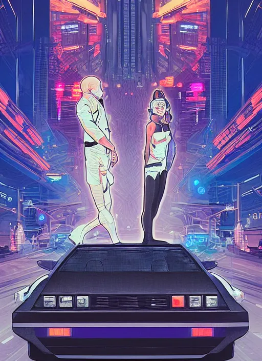 Image similar to portrait of a cyborg boy and a cyborg girl driving a delorean car in the middle of futuristic tokyo at night. diffuse neon light, dramatic landscape, fantasy illustration, matte painting by mucha