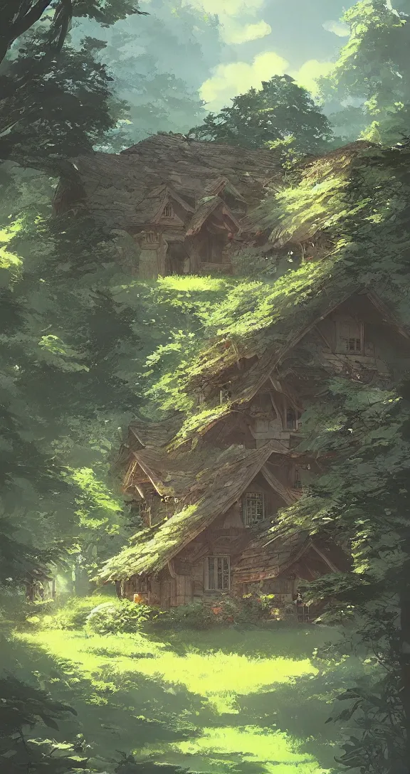 Image similar to Stunning cottage, solar, lush, forest, beautiful, by Studio Ghibli and Greg Rutkowski, artstation