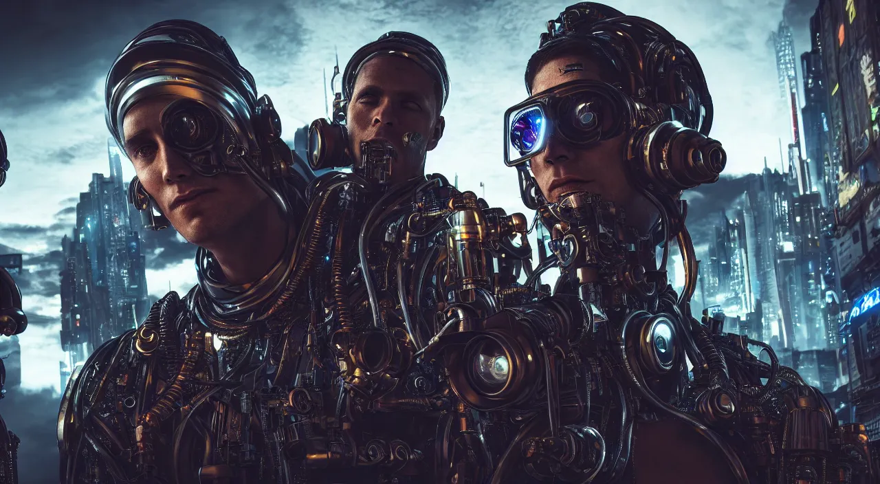 Image similar to Fish eye lens way too close to the cyborg man's face, cyberpunk background with steampunk vehicles. Cinematic, Award winning, ultra high resolution, intricate details, rendered with unreal engine, UHD 8K