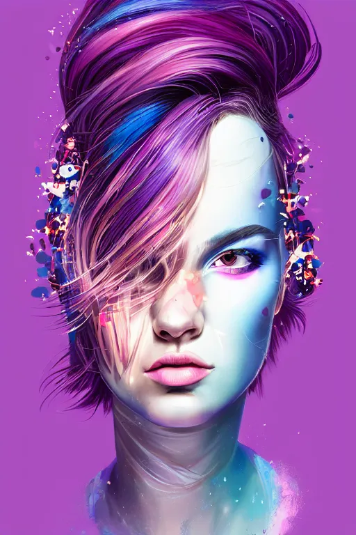 Image similar to a award winning half body portrait of a beautiful woman in a winter sweater with ombre purple pink blue hairstyle with head in motion and hair flying by sandra chevrier, outrun, vaporware, illustration, digital art, trending on artstation, highly detailed, fine detail, intricate