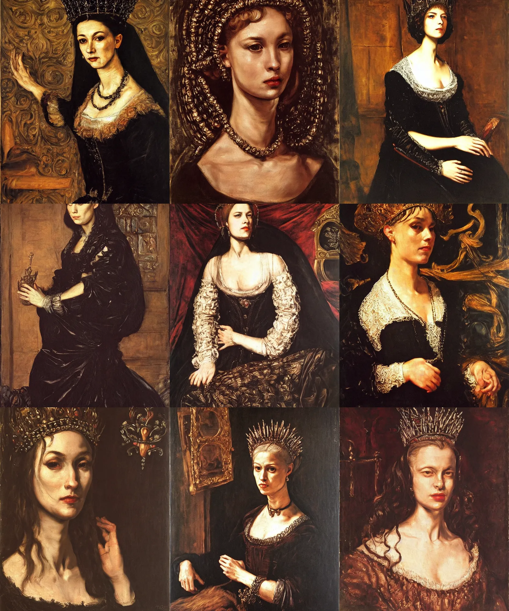 Prompt: (((((The portrait of Lady in black wax crown))))) by Tintoretto !!!!!!!!!!!!!!!!, dark fantasy, witcher, very detailed oil painting in the alla prima style, masterpiece, 8k