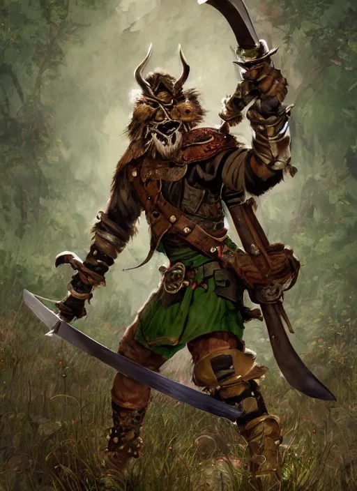 Image similar to strong young man, photorealistic bugbear ranger holding sword, fire magic, black beard, dungeons and dragons, pathfinder, roleplaying game art, hunters gear, jeweled ornate leather and steel armour, concept art, character design on white background, by norman rockwell, makoto shinkai, kim jung giu, artstation trending, poster art, colours red and green