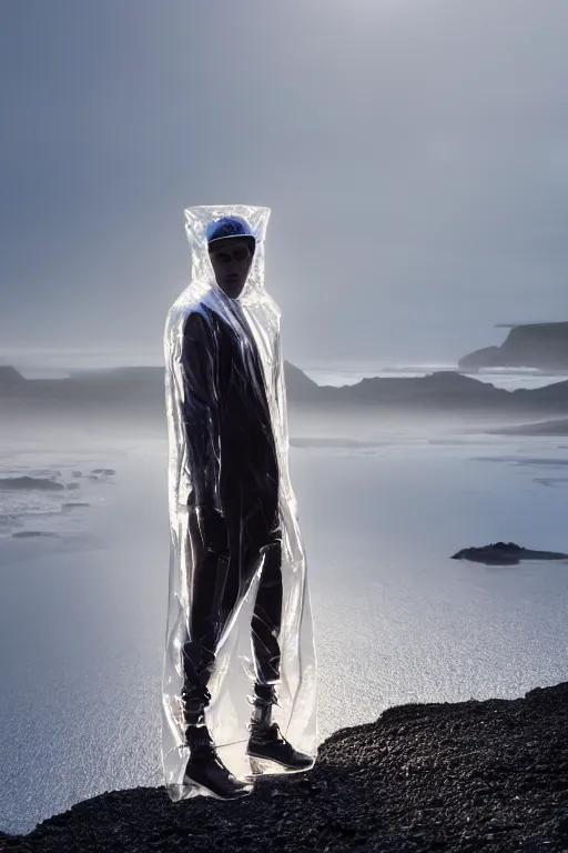 Image similar to an ultra high definition professional high fashion portrait studio full length photograph of a male model wearing a transparent pearlescent raincoat and neon visor planking in an icelandic black rock environment at dawn. no artefacts. extremely detailed. stark. refraction. shallow depth of field. volumetric light and shadow. ray tracing. light rays.