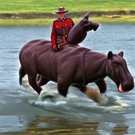 Image similar to a mountie!!!! riding on a hippo!!!!!!!