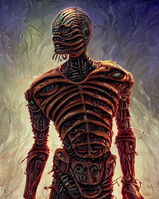 Image similar to cyborg freddy krueger, by antonio j. manzanedo, giger, alex grey, android jones, wayne barlowe, philippe druillet, raymond swanland, cyril rolando, josephine wall, harumi hironaka, trending on artstation