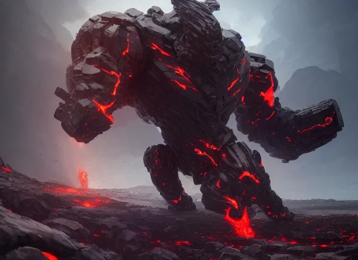 Image similar to epicly designed very muscular stone obsidian robot with human body fighting a deadly beast made from lava with background by greg rutkowski, trending on artstation