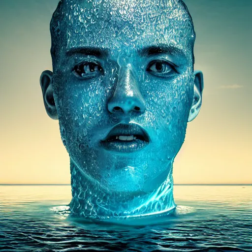 Image similar to a water artwork manipulation in the shape of a human head, on the ocean water, cinematic, in the style of johnson tsang, long shot, hyper detailed, hyper realistic, ray tracing, 8 k resolution, sharp focus, realistic water, award winning