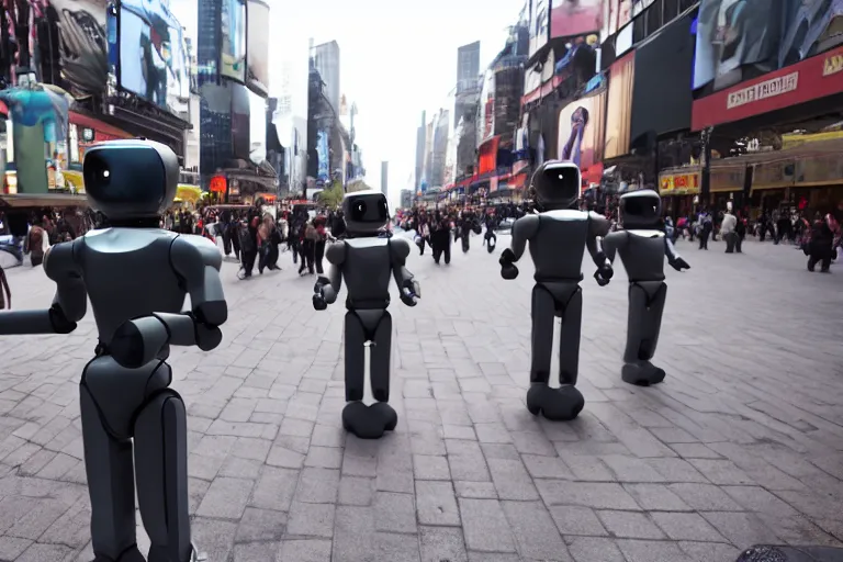 Image similar to cinematography sleek humanoid robot clones helping people in time squares by Emmanuel Lubezki