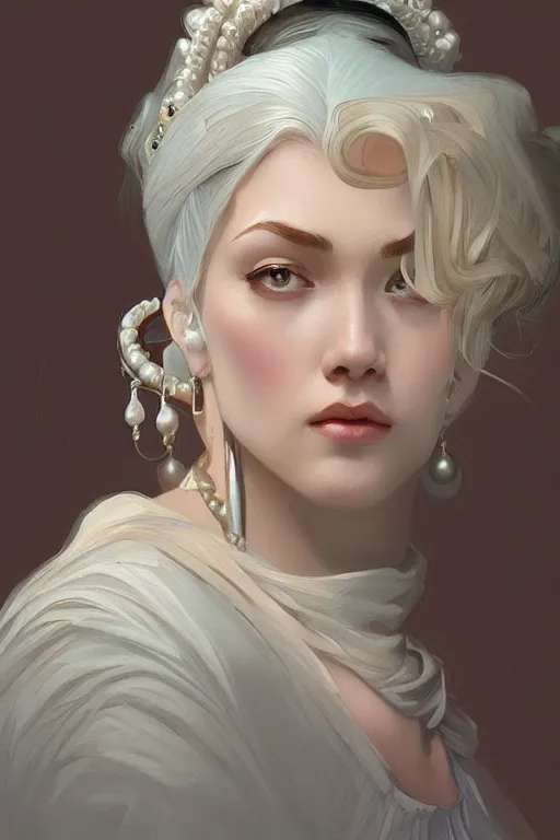 Image similar to pearl with a girl earring, intricate, elegant, highly detailed, digital painting, artstation, concept art, smooth, sharp focus, illustration, art by artgerm and greg rutkowski and alphonse mucha