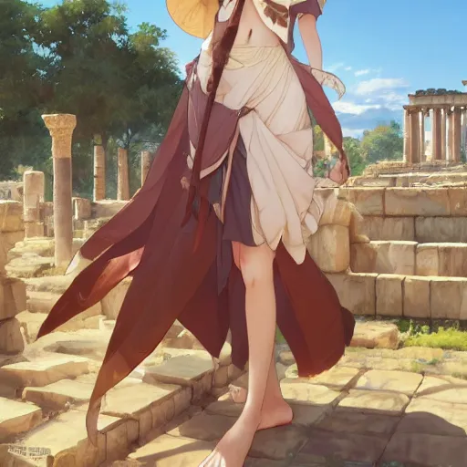 Image similar to a digital art of humanoid cute caracal in toga, ancient greek city, sunny day, by krenz cushart and mucha and akihito yoshida and greg rutkowski and makoto shinkai, long shot, back lighting, detailed eyes, 4 k resolution, trending on art station