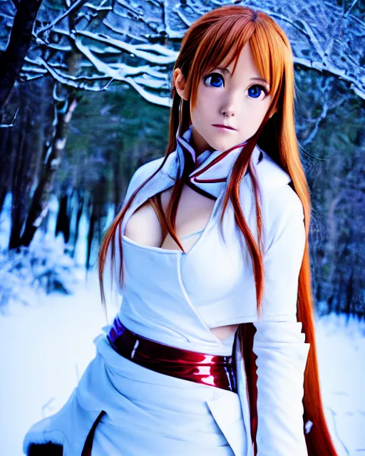 Image similar to photo of asuna from sao in winter location, asuna by a - 1 pictures, by greg rutkowski, gil elvgren, enoch bolles, glossy skin, pearlescent, anime, maxim magazine, very coherent, film still, dslr, 3 5 mm canon