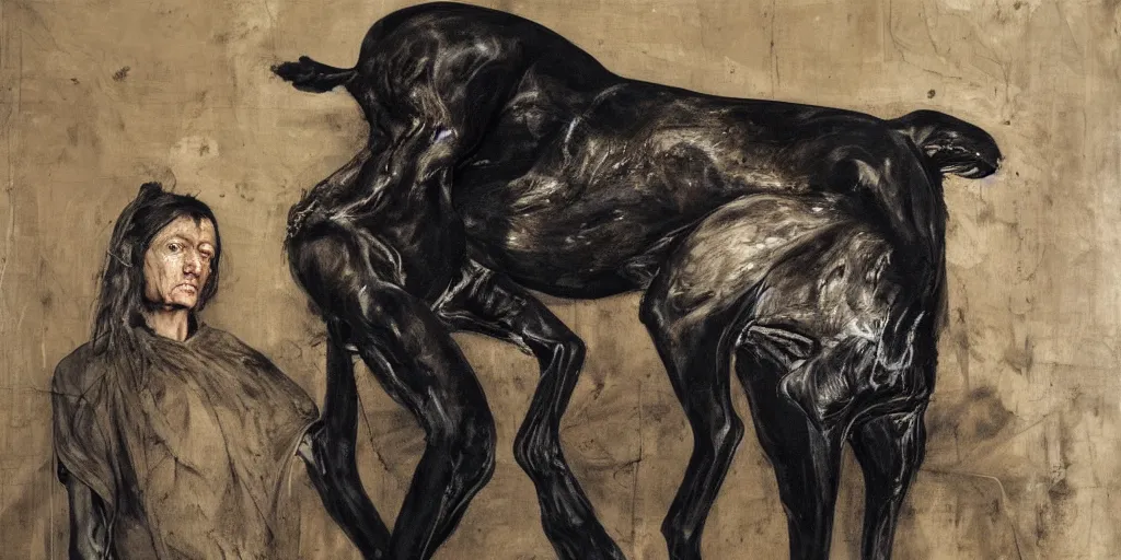 Prompt: woman with black greyhound, by nicola samori and jenny saville