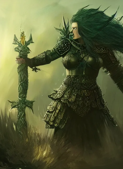 Prompt: masterpiece concept art of A tall, enormously strong woman with black hair, intricate green monster hunting armor and a golden crown. witcher concept art. trending on pixiv, trending on ArtStation, wallpaper, cinematic