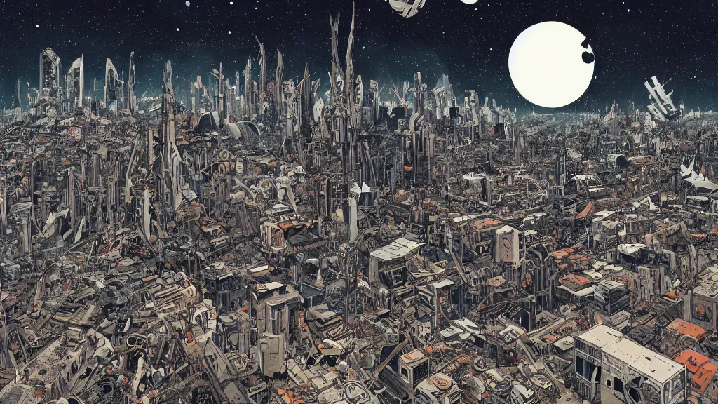 Image similar to very detailed, prophet graphic novel, ilya kuvshinov, mcbess, rutkowski, simon roy, illustration of decrepit arcologies skyline dystopian megacity with space junk floating in the sky on a dead planet earth, nature taking city back, flourishing jungle covering ruins, wide shot, colorful, deep shadows, astrophotography