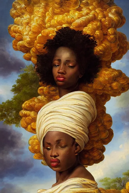 Image similar to baroque painting of african mother nature floating through the sky, inspired by gustav moreau and wayne barlow, exquisite detail, hyper realism, ornate, exquisite detail