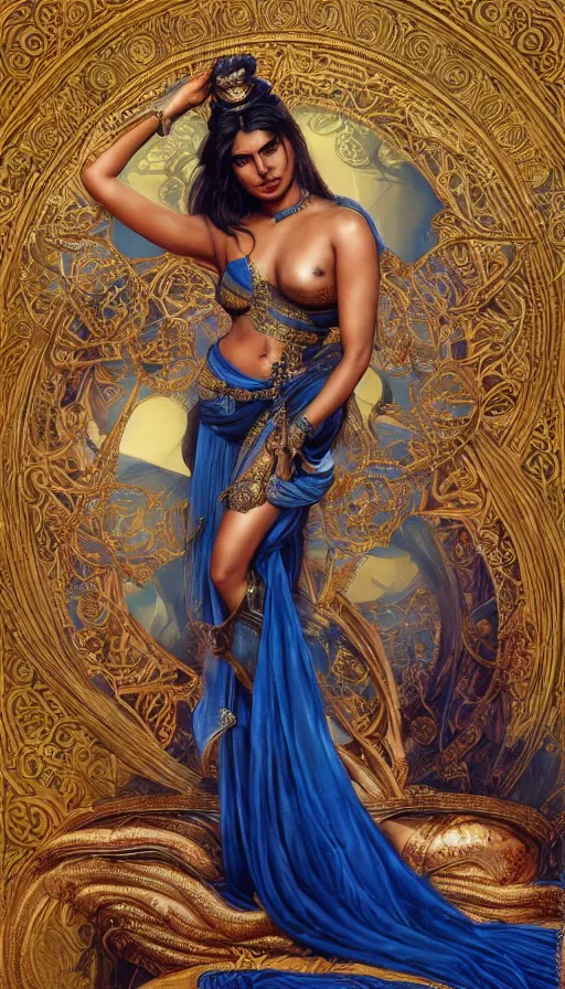 Prompt: priyanka chopra as a sorceress, passionate, seductive, sweaty, intricate dressed in ornate blue robes and staff, lovely, intricate, highly detailed, digital painting, artstation, concept art, karma sutra, smooth, sharp focus, illustration, unreal engine 5, 8 k, art by artgerm and greg rutkowski and alphonse mucha