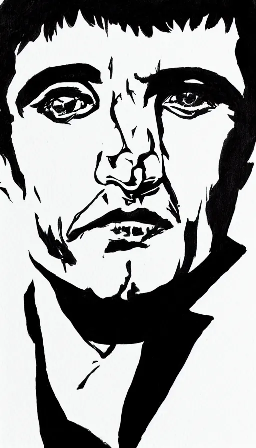Prompt: close up. perfect symmetric face, coherent symmetric eyes. detailed face. tony montana from movie scarface. ink paint