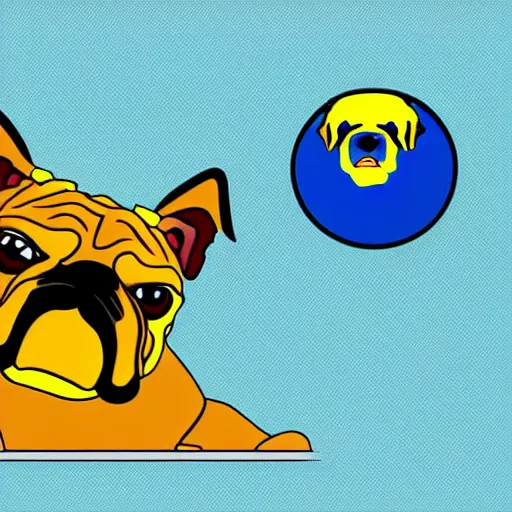 Image similar to a cartoon illustration of a bulldog on a blue background with a yellow head and a red collar with spikes