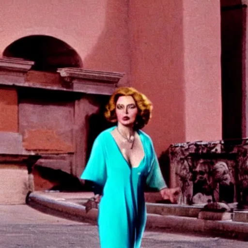 Image similar to Cinematic technicolor still of Greta Garbo as Tosca near the Castel San Angelo in the 1959 film by George Cukor