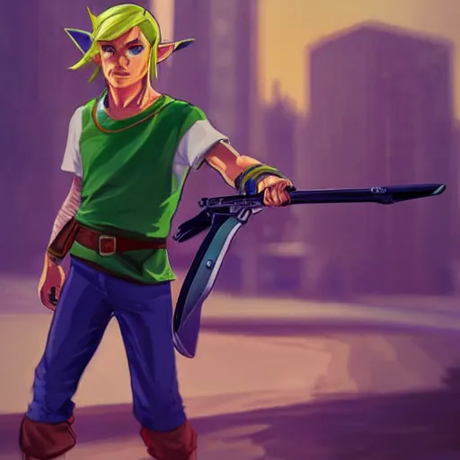 Prompt: Link from Zelda in GTA V, cover art by stephen Bliss, artstation, no text