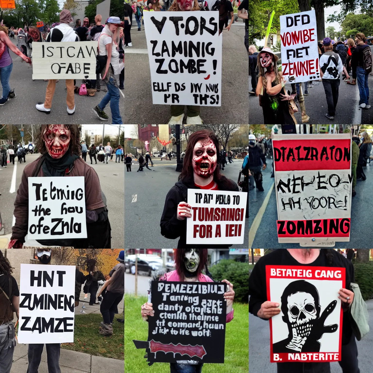 Prompt: disturbing zombie protester sign